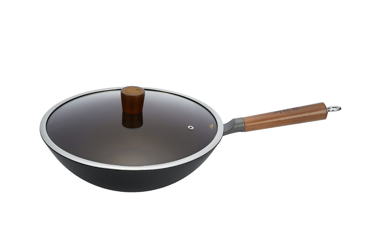 WANGYUANJI Lightweight Carbon Steel Wok Pan 12" with Lid - WANGYUANJI WANGYUANJI Lightweight Carbon Steel Wok Pan 12" with Lid - WANGYUANJI