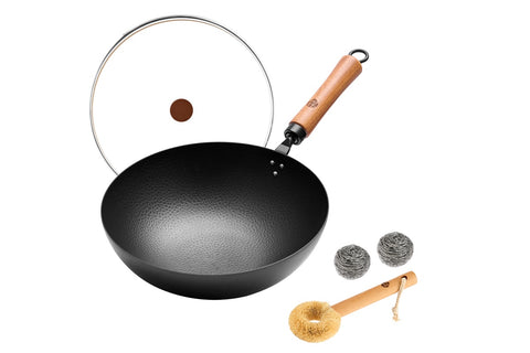 WANGYUANJI 11" Round Bottom Wok With Coconut Fiber Washing Brush WANGYUANJI 11" Round Bottom Wok With Coconut Fiber Washing Brush