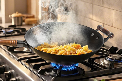 WANGYUANJI 12.5" Cast Iron Wok Round Bottom with Traditional Iron Spatula WANGYUANJI 12.5" Cast Iron Wok Round Bottom with Traditional Iron Spatula