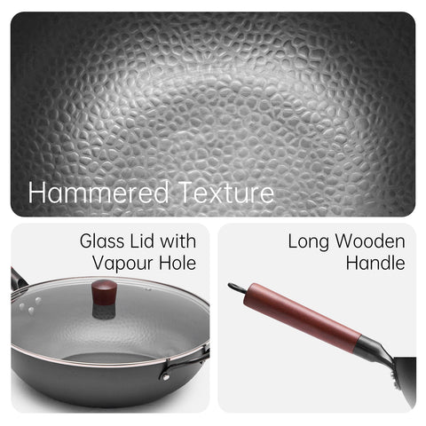 WANGYUANJI Hammered Wok 13.4",Carbon Steel Wok Pan with Glass Lid WANGYUANJI Hammered Wok 13.4",Carbon Steel Wok Pan with Glass Lid