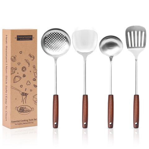 WANGYUANJI 4-Piece Stainless Steel Kitchen Utensil Set with Wooden Handle, Cooking Spoon, Slotted Turner, Skimmer, Stir Fry Spatula, Safe for Nonstick Cookware WANGYUANJI 4-Piece Stainless Steel Kitchen Utensil Set with Wooden Handle, Cooking Spoon, Slotted Turner, Skimmer, Stir Fry Spatula, Safe for Nonstick Cookware