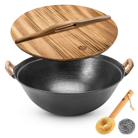 WANGYUANJI 11.8 Inch Handmade Cast Iron Wok with Dual Handles, Small Round-Bottom Chinese Wok for 1–2 Servings, Uncoated Stir Fry Pan for Gas Stoves & Open Flame Cooking WANGYUANJI 11.8 Inch Handmade Cast Iron Wok with Dual Handles, Small Round-Bottom Chinese Wok for 1–2 Servings, Uncoated Stir Fry Pan for Gas Stoves & Open Flame Cooking