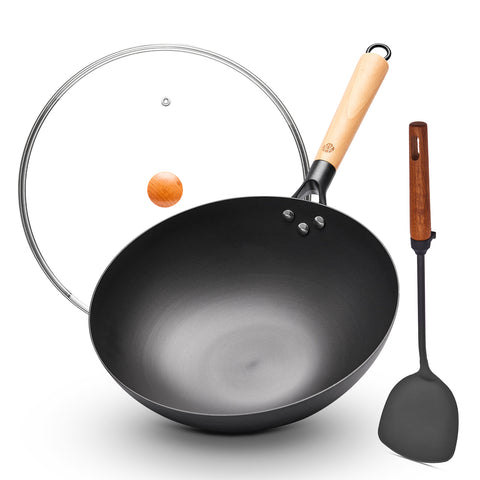 WANGYUANJI 12.6 Inch Flat Bottom Iron Wok with Glass Lid and Wooden Handle, Non-Coated, Naturally Nonstick Stir Fry Pan for Gas, Electric & Induction Stovetops WANGYUANJI 12.6 Inch Flat Bottom Iron Wok with Glass Lid and Wooden Handle, Non-Coated, Naturally Nonstick Stir Fry Pan for Gas, Electric & Induction Stovetops