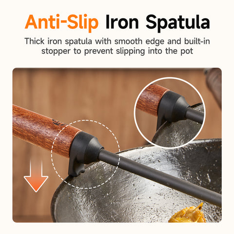 WANGYUANJI 15.2" Chinese Iron Wok Spatula – Traditional Carbon Steel Spatula with Wooden Handle for Stir-Fry Cooking, Coatless Healthy Design WANGYUANJI 15.2" Chinese Iron Wok Spatula – Traditional Carbon Steel Spatula with Wooden Handle for Stir-Fry Cooking, Coatless Healthy Design