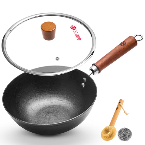 WANGYUANJI 9.5 Inch Cast Iron Wok with Glass Lid – Small Flat Bottom Stir Fry Pan with Wooden Handle, Non-Coated Cookware for Gas & Open Flame WANGYUANJI 9.5 Inch Cast Iron Wok with Glass Lid – Small Flat Bottom Stir Fry Pan with Wooden Handle, Non-Coated Cookware for Gas & Open Flame