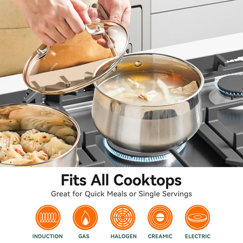WANGYUANJI 2.5 QT Stainless Steel Saucepan with Steamer Insert – 2-in-1 Cooking Pot, Tri-Ply Heat Base, Tempered Glass Lid, Induction Ready WANGYUANJI 2.5 QT Stainless Steel Saucepan with Steamer Insert – 2-in-1 Cooking Pot, Tri-Ply Heat Base, Tempered Glass Lid, Induction Ready