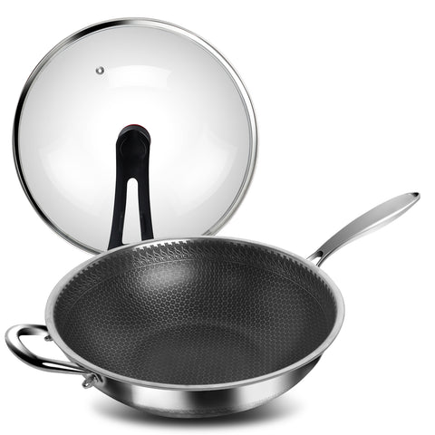 WANGYUANJI 12.6-Inch Honeycomb Nonstick Stainless Steel Wok with Glass Lid – Stir-Fry Pan for Induction & Gas Stove WANGYUANJI 12.6-Inch Honeycomb Nonstick Stainless Steel Wok with Glass Lid – Stir-Fry Pan for Induction & Gas Stove