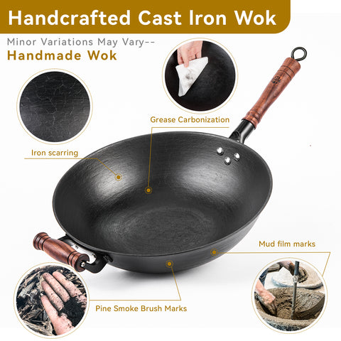 WANGYUANJI Cast Iron Wok with Lid and Wooden Handle – 14.2, 13.4, 12.6 Inch Large Flat Bottom Stir Fry Pan – Uncoated Craft Wok for Healthy Cooking – Compatible with All Stovetops WANGYUANJI Cast Iron Wok with Lid and Wooden Handle – 14.2, 13.4, 12.6 Inch Large Flat Bottom Stir Fry Pan – Uncoated Craft Wok for Healthy Cooking – Compatible with All Stovetops