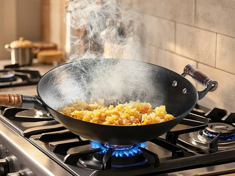 WANGYUANJI 12.6 Inch Cast Iron Wok with Lid and Wooden Handle Round Bottom Uncoated Stir Fry Pan Healthy Cooking Pot Compatible with All Stovetops and Gas Ranges WANGYUANJI 12.6 Inch Cast Iron Wok with Lid and Wooden Handle Round Bottom Uncoated Stir Fry Pan Healthy Cooking Pot Compatible with All Stovetops and Gas Ranges