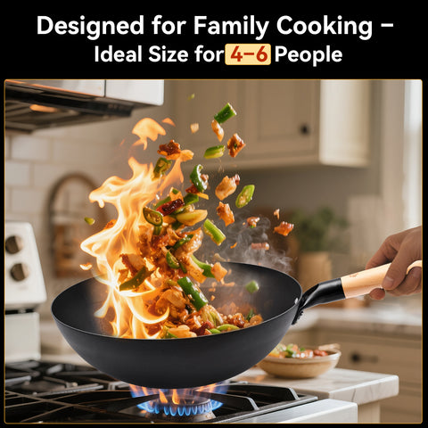 WANGYUANJI 12.6 Inch Flat Bottom Iron Wok with Glass Lid and Wooden Handle, Non-Coated, Naturally Nonstick Stir Fry Pan for Gas, Electric & Induction Stovetops WANGYUANJI 12.6 Inch Flat Bottom Iron Wok with Glass Lid and Wooden Handle, Non-Coated, Naturally Nonstick Stir Fry Pan for Gas, Electric & Induction Stovetops