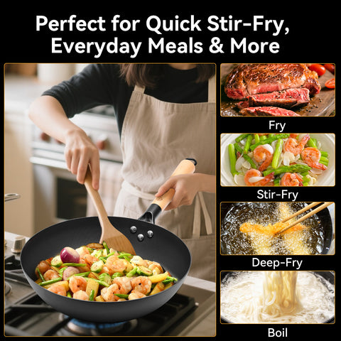 WANGYUANJI 12.6 Inch Flat Bottom Iron Wok with Glass Lid and Wooden Handle, Non-Coated, Naturally Nonstick Stir Fry Pan for Gas, Electric & Induction Stovetops WANGYUANJI 12.6 Inch Flat Bottom Iron Wok with Glass Lid and Wooden Handle, Non-Coated, Naturally Nonstick Stir Fry Pan for Gas, Electric & Induction Stovetops