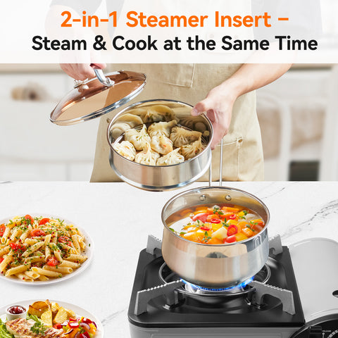 WANGYUANJI 2.5 QT Stainless Steel Saucepan with Steamer Insert – 2-in-1 Cooking Pot, Tri-Ply Heat Base, Tempered Glass Lid, Induction Ready WANGYUANJI 2.5 QT Stainless Steel Saucepan with Steamer Insert – 2-in-1 Cooking Pot, Tri-Ply Heat Base, Tempered Glass Lid, Induction Ready