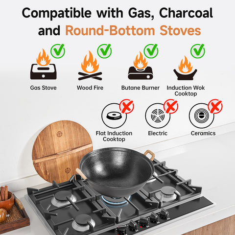 WANGYUANJI 11.8 Inch Handmade Cast Iron Wok with Dual Handles, Small Round-Bottom Chinese Wok for 1–2 Servings, Uncoated Stir Fry Pan for Gas Stoves & Open Flame Cooking WANGYUANJI 11.8 Inch Handmade Cast Iron Wok with Dual Handles, Small Round-Bottom Chinese Wok for 1–2 Servings, Uncoated Stir Fry Pan for Gas Stoves & Open Flame Cooking