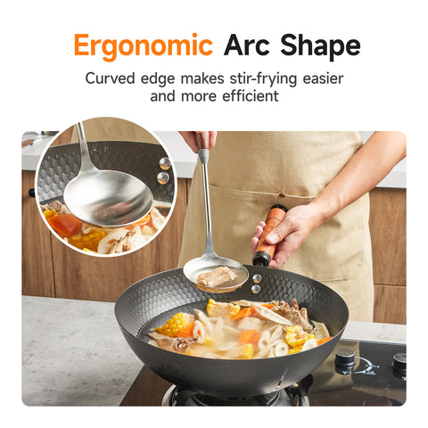 WANGYUANJI 14.2" Stainless Steel Wok Ladle – Asian Cooking Spoon with Wooden Handle and Stopper for Stir-Fry, Soup & Serving WANGYUANJI 14.2" Stainless Steel Wok Ladle – Asian Cooking Spoon with Wooden Handle and Stopper for Stir-Fry, Soup & Serving