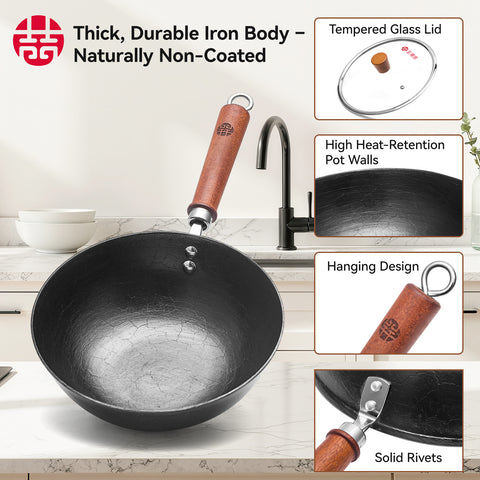 WANGYUANJI 9.5 Inch Cast Iron Wok with Glass Lid – Small Flat Bottom Stir Fry Pan with Wooden Handle, Non-Coated Cookware for Gas & Open Flame WANGYUANJI 9.5 Inch Cast Iron Wok with Glass Lid – Small Flat Bottom Stir Fry Pan with Wooden Handle, Non-Coated Cookware for Gas & Open Flame