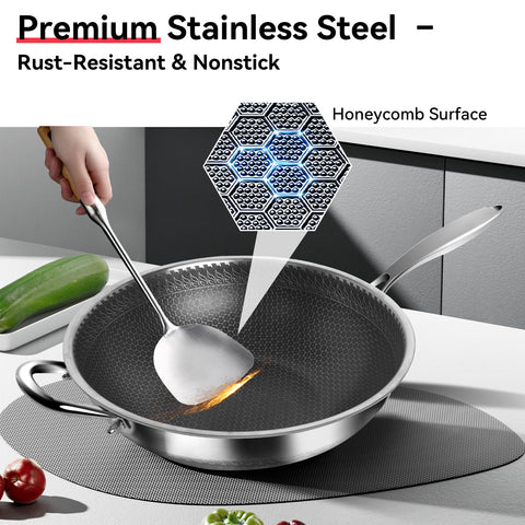 WANGYUANJI 12.6-Inch Honeycomb Nonstick Stainless Steel Wok with Glass Lid – Stir-Fry Pan for Induction & Gas Stove WANGYUANJI 12.6-Inch Honeycomb Nonstick Stainless Steel Wok with Glass Lid – Stir-Fry Pan for Induction & Gas Stove