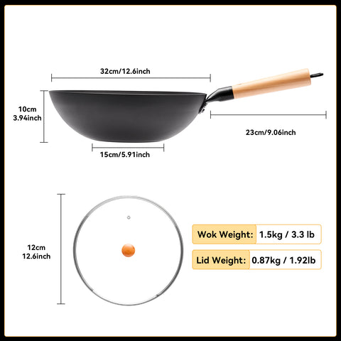 WANGYUANJI 12.6 Inch Flat Bottom Iron Wok with Glass Lid and Wooden Handle, Non-Coated, Naturally Nonstick Stir Fry Pan for Gas, Electric & Induction Stovetops WANGYUANJI 12.6 Inch Flat Bottom Iron Wok with Glass Lid and Wooden Handle, Non-Coated, Naturally Nonstick Stir Fry Pan for Gas, Electric & Induction Stovetops