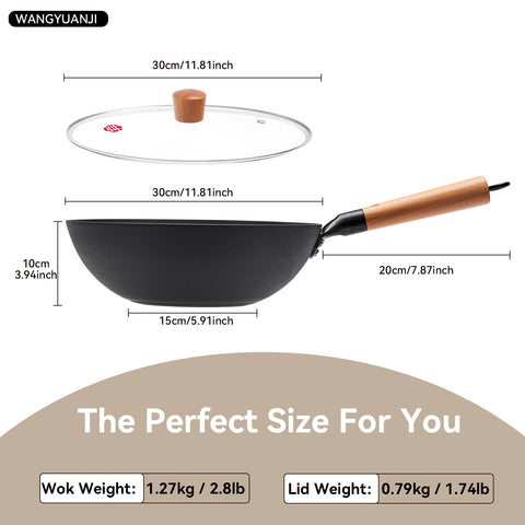 WANGYUANJI 11.8 Inch Iron Wok with Glass Lid, Flat Bottom Stir Fry Pan with Wooden Handle, Non-Coated Naturally Nonstick Skillet, Traditional Chinese Wok for Gas, Electric & Induction Cooking WANGYUANJI 11.8 Inch Iron Wok with Glass Lid, Flat Bottom Stir Fry Pan with Wooden Handle, Non-Coated Naturally Nonstick Skillet, Traditional Chinese Wok for Gas, Electric & Induction Cooking