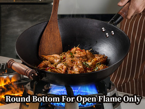 WANGYUANJI 12.6 Inch Cast Iron Wok with Lid and Wooden Handle Round Bottom Uncoated Stir Fry Pan Healthy Cooking Pot Compatible with All Stovetops and Gas Ranges WANGYUANJI 12.6 Inch Cast Iron Wok with Lid and Wooden Handle Round Bottom Uncoated Stir Fry Pan Healthy Cooking Pot Compatible with All Stovetops and Gas Ranges
