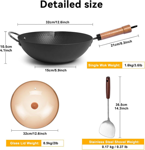 WANGYUANJI 12.6" Wok with Lid, Flat Bottom Nonstick Wok Pan for Induction Cooktop, Stir Fry Woks & Pans for Cooking WANGYUANJI 12.6" Wok with Lid, Flat Bottom Nonstick Wok Pan for Induction Cooktop, Stir Fry Woks & Pans for Cooking