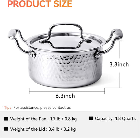WANGYUANJI 1.8-Quart Stainless Steel Stock Pot with Lid, Small Soup/Sauce Pot, Tri-Ply Bottom, Induction Compatible, Dishwasher Safe, Hammered Finish WANGYUANJI 1.8-Quart Stainless Steel Stock Pot with Lid, Small Soup/Sauce Pot, Tri-Ply Bottom, Induction Compatible, Dishwasher Safe, Hammered Finish