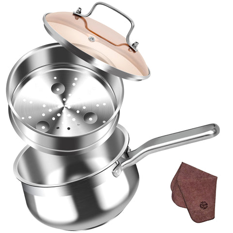 WANGYUANJI 2.5 QT Stainless Steel Saucepan with Steamer Insert – 2-in-1 Cooking Pot, Tri-Ply Heat Base, Tempered Glass Lid, Induction Ready WANGYUANJI 2.5 QT Stainless Steel Saucepan with Steamer Insert – 2-in-1 Cooking Pot, Tri-Ply Heat Base, Tempered Glass Lid, Induction Ready