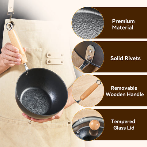WANGYUANJI 7.1 Inch Hammered Cast Iron Saucepan with Glass Lid, Removable Beechwood Handle, Small Milk Pot for Boiling, Simmering, Heating – Non-Coated, Stovetop Compatible WANGYUANJI 7.1 Inch Hammered Cast Iron Saucepan with Glass Lid, Removable Beechwood Handle, Small Milk Pot for Boiling, Simmering, Heating – Non-Coated, Stovetop Compatible