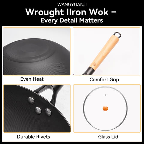 WANGYUANJI 12.6 Inch Flat Bottom Iron Wok with Glass Lid and Wooden Handle, Non-Coated, Naturally Nonstick Stir Fry Pan for Gas, Electric & Induction Stovetops WANGYUANJI 12.6 Inch Flat Bottom Iron Wok with Glass Lid and Wooden Handle, Non-Coated, Naturally Nonstick Stir Fry Pan for Gas, Electric & Induction Stovetops