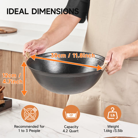 WANGYUANJI 11.8 Inch Handmade Cast Iron Wok with Dual Handles, Small Round-Bottom Chinese Wok for 1–2 Servings, Uncoated Stir Fry Pan for Gas Stoves & Open Flame Cooking WANGYUANJI 11.8 Inch Handmade Cast Iron Wok with Dual Handles, Small Round-Bottom Chinese Wok for 1–2 Servings, Uncoated Stir Fry Pan for Gas Stoves & Open Flame Cooking