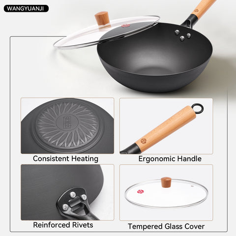 WANGYUANJI 11.8 Inch Iron Wok with Glass Lid, Flat Bottom Stir Fry Pan with Wooden Handle, Non-Coated Naturally Nonstick Skillet, Traditional Chinese Wok for Gas, Electric & Induction Cooking WANGYUANJI 11.8 Inch Iron Wok with Glass Lid, Flat Bottom Stir Fry Pan with Wooden Handle, Non-Coated Naturally Nonstick Skillet, Traditional Chinese Wok for Gas, Electric & Induction Cooking