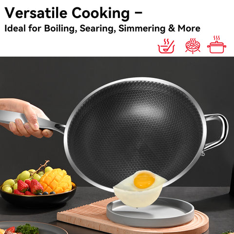 WANGYUANJI 12.6-Inch Honeycomb Nonstick Stainless Steel Wok with Glass Lid – Stir-Fry Pan for Induction & Gas Stove WANGYUANJI 12.6-Inch Honeycomb Nonstick Stainless Steel Wok with Glass Lid – Stir-Fry Pan for Induction & Gas Stove