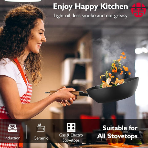 WANGYUANJI 11-Inch Hand-Forged Wrought Iron Flat Bottom Wok, Lightweight Non-Coated Chinese Stir Fry Pan for Gas & Induction Cooktops WANGYUANJI 11-Inch Hand-Forged Wrought Iron Flat Bottom Wok, Lightweight Non-Coated Chinese Stir Fry Pan for Gas & Induction Cooktops