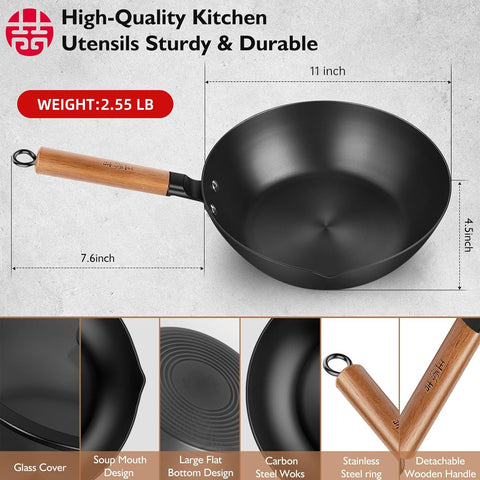 WANGYUANJI 11-Inch Hand-Forged Wrought Iron Flat Bottom Wok, Lightweight Non-Coated Chinese Stir Fry Pan for Gas & Induction Cooktops WANGYUANJI 11-Inch Hand-Forged Wrought Iron Flat Bottom Wok, Lightweight Non-Coated Chinese Stir Fry Pan for Gas & Induction Cooktops