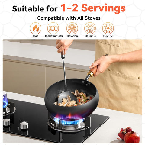 WANGYUANJI 9.5-Inch Wok Pan with Lid – Handmade Round Cooking Wok, Deep Frying Pan with Detachable Wooden Handle, No Chemical Coated Wok Flat Bottom for Induction & Gas Stoves WANGYUANJI 9.5-Inch Wok Pan with Lid – Handmade Round Cooking Wok, Deep Frying Pan with Detachable Wooden Handle, No Chemical Coated Wok Flat Bottom for Induction & Gas Stoves