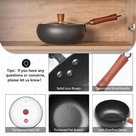 WANGYUANJI 9.5-Inch Wok Pan with Lid – Handmade Round Cooking Wok, Deep Frying Pan with Detachable Wooden Handle, No Chemical Coated Wok Flat Bottom for Induction & Gas Stoves WANGYUANJI 9.5-Inch Wok Pan with Lid – Handmade Round Cooking Wok, Deep Frying Pan with Detachable Wooden Handle, No Chemical Coated Wok Flat Bottom for Induction & Gas Stoves