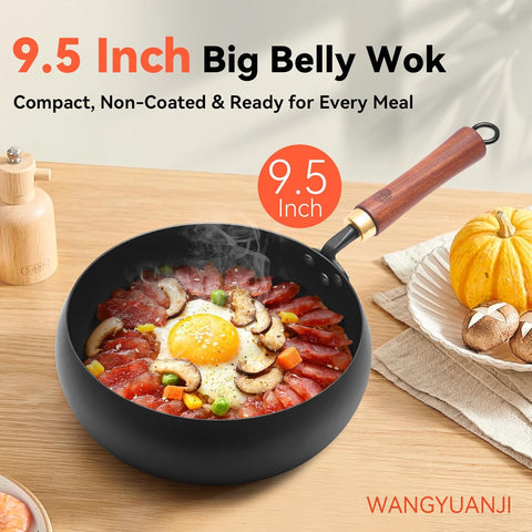 WANGYUANJI 9.5-Inch Wok Pan with Lid – Handmade Round Cooking Wok, Deep Frying Pan with Detachable Wooden Handle, No Chemical Coated Wok Flat Bottom for Induction & Gas Stoves WANGYUANJI 9.5-Inch Wok Pan with Lid – Handmade Round Cooking Wok, Deep Frying Pan with Detachable Wooden Handle, No Chemical Coated Wok Flat Bottom for Induction & Gas Stoves