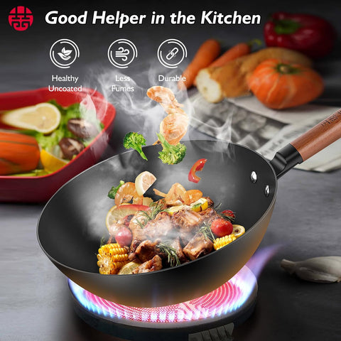 WANGYUANJI 11-Inch Hand-Forged Wrought Iron Flat Bottom Wok, Lightweight Non-Coated Chinese Stir Fry Pan for Gas & Induction Cooktops WANGYUANJI 11-Inch Hand-Forged Wrought Iron Flat Bottom Wok, Lightweight Non-Coated Chinese Stir Fry Pan for Gas & Induction Cooktops