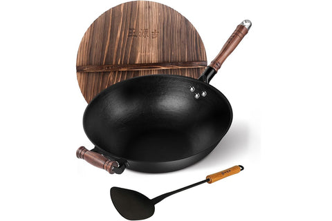 WANGYUANJI 12.5" Cast Iron Wok Round Bottom with Traditional Iron Spatula WANGYUANJI 12.5" Cast Iron Wok Round Bottom with Traditional Iron Spatula