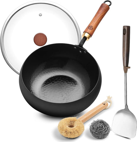 WANGYUANJI 9.5-Inch Wok Pan with Lid – Handmade Round Cooking Wok, Deep Frying Pan with Detachable Wooden Handle, No Chemical Coated Wok Flat Bottom for Induction & Gas Stoves WANGYUANJI 9.5-Inch Wok Pan with Lid – Handmade Round Cooking Wok, Deep Frying Pan with Detachable Wooden Handle, No Chemical Coated Wok Flat Bottom for Induction & Gas Stoves