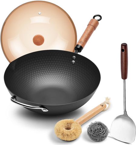 WANGYUANJI 12.6" Wok with Lid, Flat Bottom Nonstick Wok Pan for Induction Cooktop, Stir Fry Woks & Pans for Cooking WANGYUANJI 12.6" Wok with Lid, Flat Bottom Nonstick Wok Pan for Induction Cooktop, Stir Fry Woks & Pans for Cooking