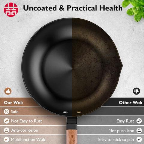 WANGYUANJI 11-Inch Hand-Forged Wrought Iron Flat Bottom Wok, Lightweight Non-Coated Chinese Stir Fry Pan for Gas & Induction Cooktops WANGYUANJI 11-Inch Hand-Forged Wrought Iron Flat Bottom Wok, Lightweight Non-Coated Chinese Stir Fry Pan for Gas & Induction Cooktops