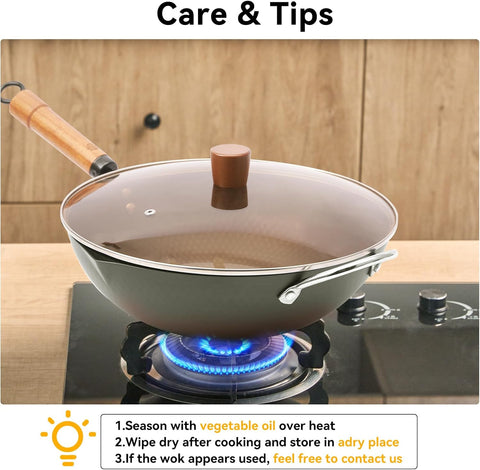 WANGYUANJI 12.6" Wok with Lid, Flat Bottom Nonstick Wok Pan for Induction Cooktop, Stir Fry Woks & Pans for Cooking WANGYUANJI 12.6" Wok with Lid, Flat Bottom Nonstick Wok Pan for Induction Cooktop, Stir Fry Woks & Pans for Cooking