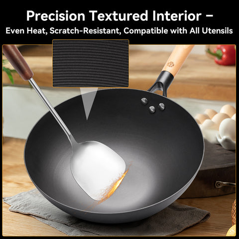 WANGYUANJI 12.6 Inch Flat Bottom Iron Wok with Glass Lid and Wooden Handle, Non-Coated, Naturally Nonstick Stir Fry Pan for Gas, Electric & Induction Stovetops WANGYUANJI 12.6 Inch Flat Bottom Iron Wok with Glass Lid and Wooden Handle, Non-Coated, Naturally Nonstick Stir Fry Pan for Gas, Electric & Induction Stovetops