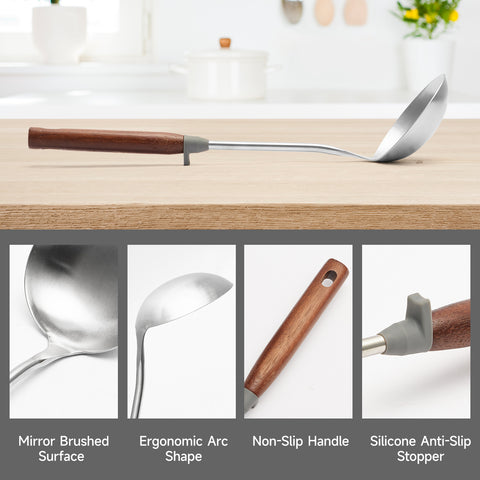 WANGYUANJI 14.2" Stainless Steel Wok Ladle – Asian Cooking Spoon with Wooden Handle and Stopper for Stir-Fry, Soup & Serving WANGYUANJI 14.2" Stainless Steel Wok Ladle – Asian Cooking Spoon with Wooden Handle and Stopper for Stir-Fry, Soup & Serving