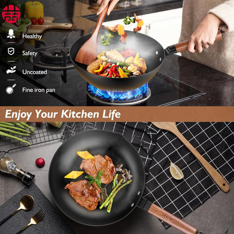 WANGYUANJI 11-Inch Hand-Forged Wrought Iron Flat Bottom Wok, Lightweight Non-Coated Chinese Stir Fry Pan for Gas & Induction Cooktops WANGYUANJI 11-Inch Hand-Forged Wrought Iron Flat Bottom Wok, Lightweight Non-Coated Chinese Stir Fry Pan for Gas & Induction Cooktops