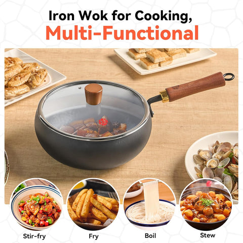 WANGYUANJI 9.5-Inch Wok Pan with Lid – Handmade Round Cooking Wok, Deep Frying Pan with Detachable Wooden Handle, No Chemical Coated Wok Flat Bottom for Induction & Gas Stoves WANGYUANJI 9.5-Inch Wok Pan with Lid – Handmade Round Cooking Wok, Deep Frying Pan with Detachable Wooden Handle, No Chemical Coated Wok Flat Bottom for Induction & Gas Stoves