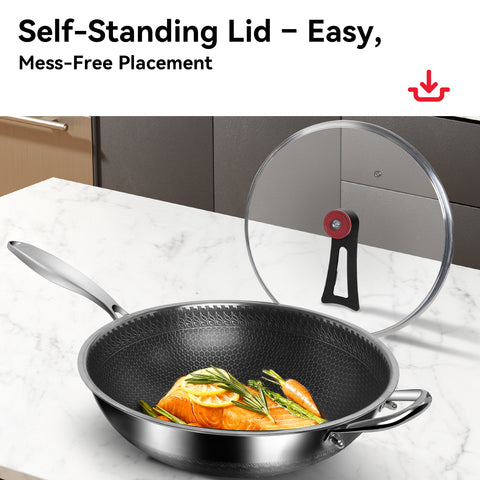 WANGYUANJI 12.6-Inch Honeycomb Nonstick Stainless Steel Wok with Glass Lid – Stir-Fry Pan for Induction & Gas Stove WANGYUANJI 12.6-Inch Honeycomb Nonstick Stainless Steel Wok with Glass Lid – Stir-Fry Pan for Induction & Gas Stove