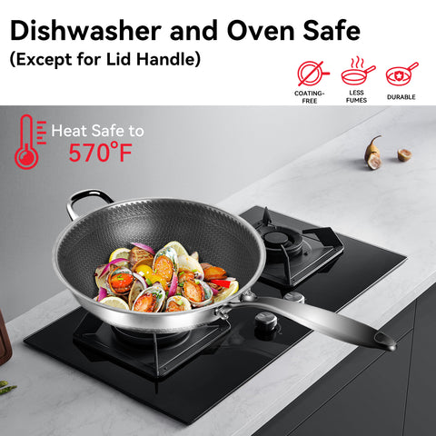 WANGYUANJI 12.6-Inch Honeycomb Nonstick Stainless Steel Wok with Glass Lid – Stir-Fry Pan for Induction & Gas Stove WANGYUANJI 12.6-Inch Honeycomb Nonstick Stainless Steel Wok with Glass Lid – Stir-Fry Pan for Induction & Gas Stove