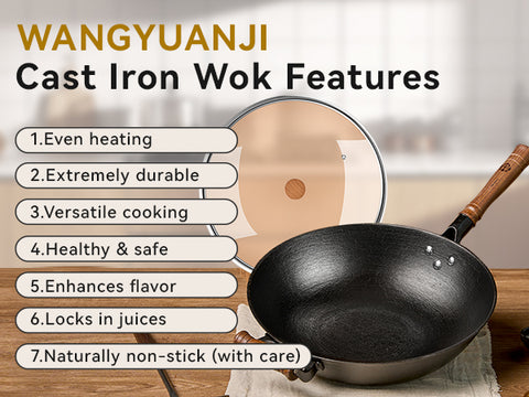 WANGYUANJI Cast Iron Wok with Lid and Wooden Handle – 14.2, 13.4, 12.6 Inch Large Flat Bottom Stir Fry Pan – Uncoated Craft Wok for Healthy Cooking – Compatible with All Stovetops WANGYUANJI Cast Iron Wok with Lid and Wooden Handle – 14.2, 13.4, 12.6 Inch Large Flat Bottom Stir Fry Pan – Uncoated Craft Wok for Healthy Cooking – Compatible with All Stovetops