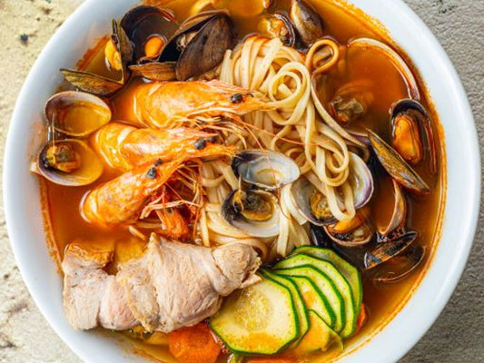 A spicy Korean seafood noodle soup, bursting with flavour!